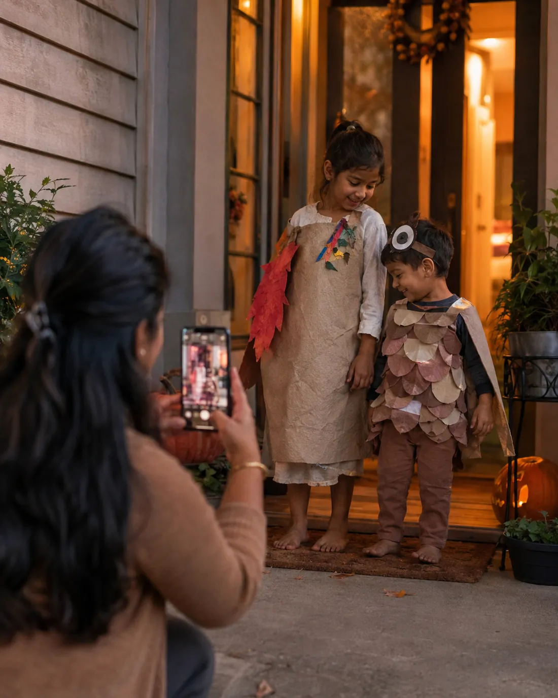 A mom photographs two children in handmade paper costumes on a front porch at dusk before trick-or-treating