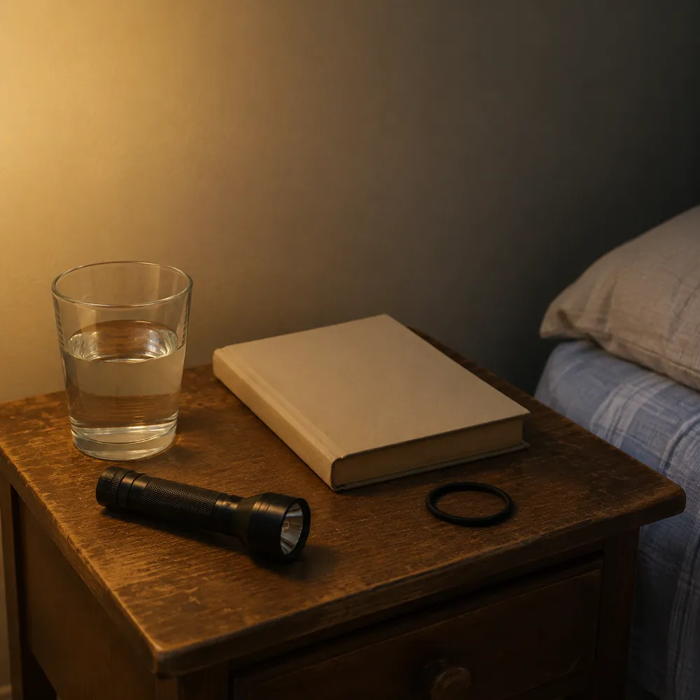 A wooden bedside table with a glass of water, a closed book, a flashlight and a hair tie in warm lamp light