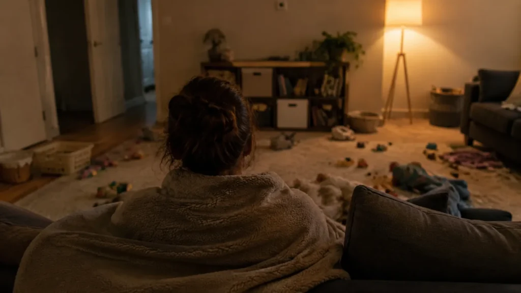 An adult seen from behind under a fleece blanket on a sofa in a dim living room, toys scattered on the rug