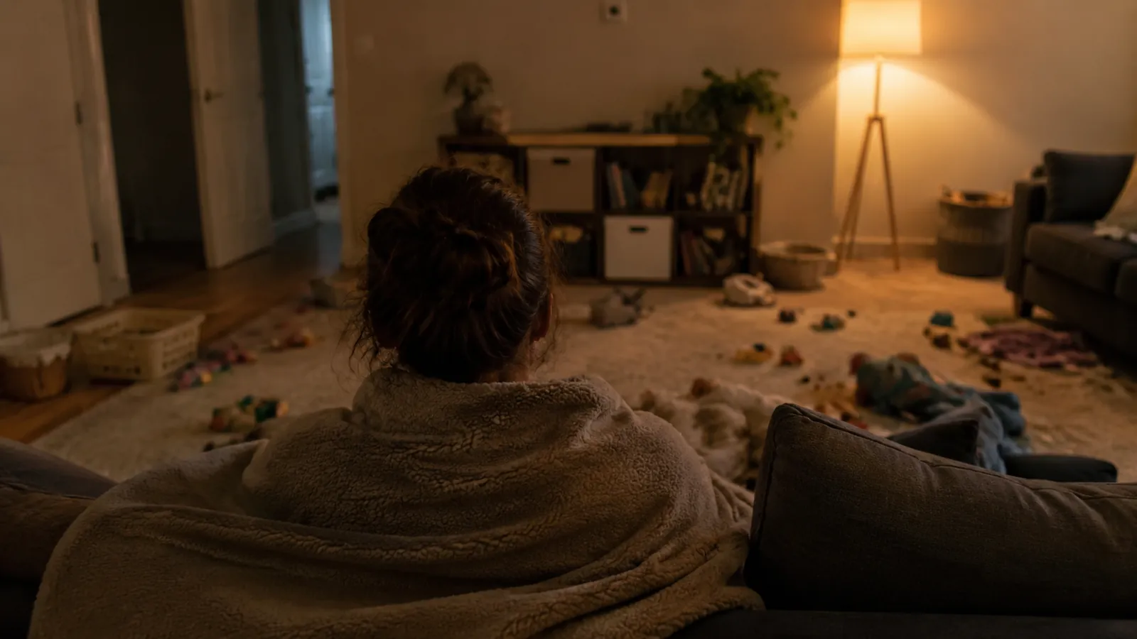 An adult seen from behind under a fleece blanket on a sofa in a dim living room, toys scattered on the rug