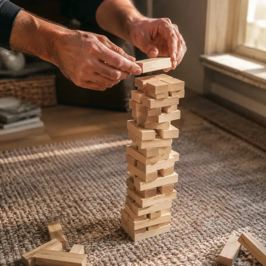 A parent and child stack wooden blocks into a tall tower on a living room rug