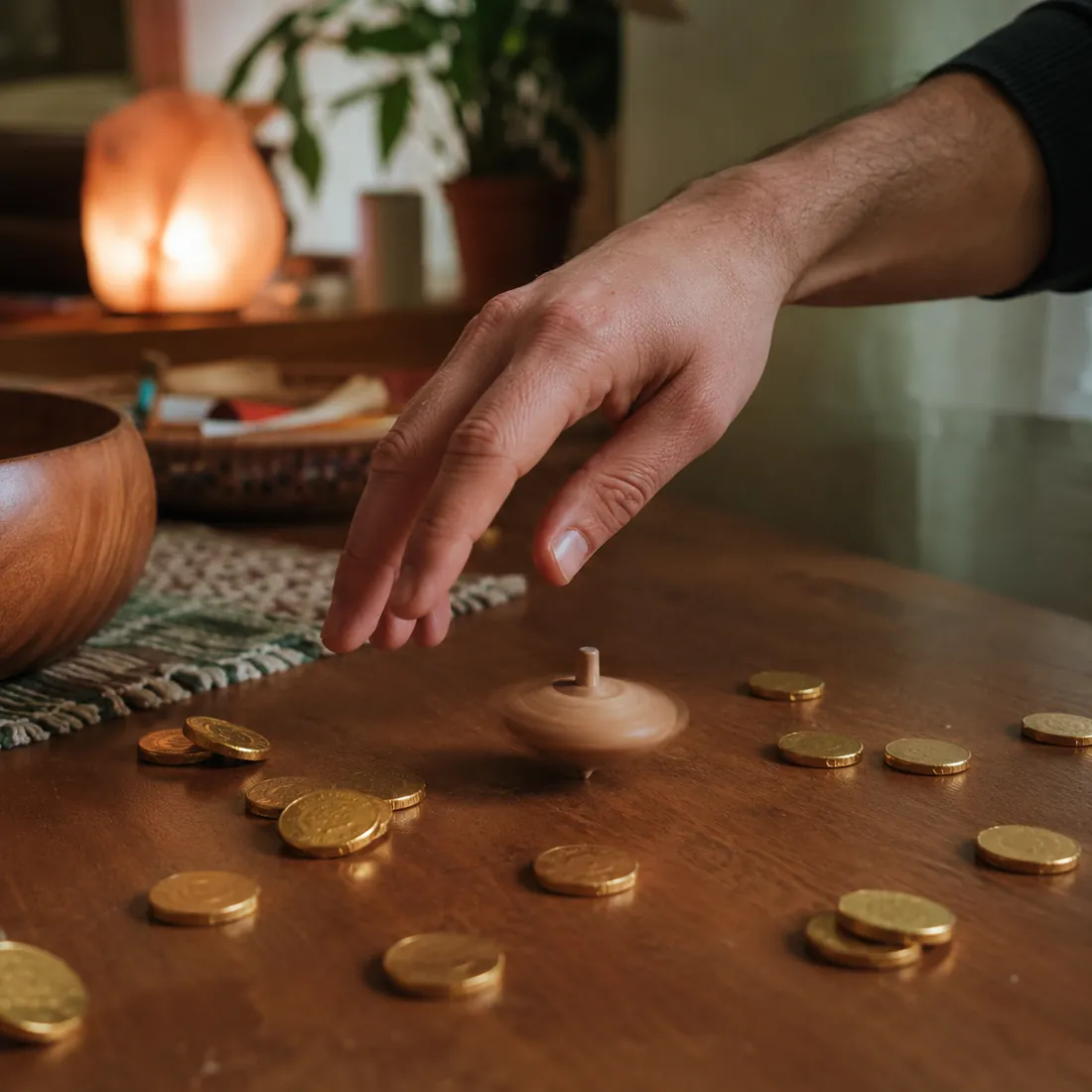 A hand lets go of a wooden dreidel on a table, blurred mid-spin, with gold-foil chocolate coins scattered around it