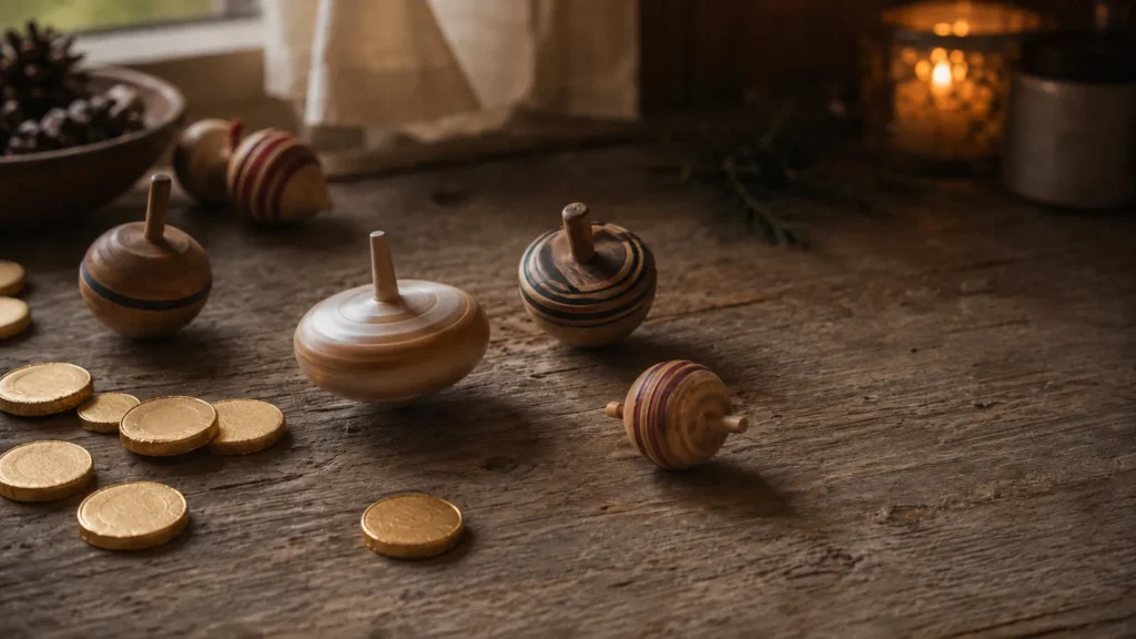 Wooden dreidels and gold-foil chocolate coins on a worn table with a candle glowing behind