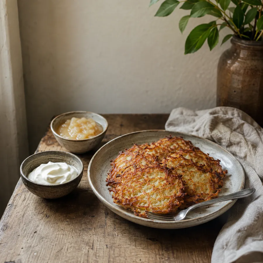 Plate of crisp latkes beside small bowls of sour cream and applesauce on a wooden table