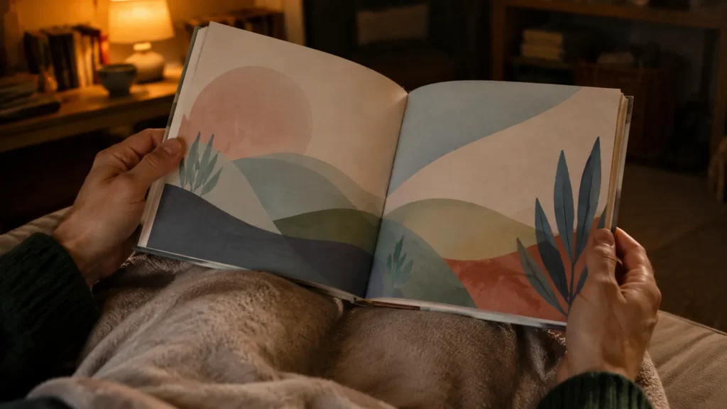 An adult's hands hold an open picture book on a blanketed lap beside a lit lamp