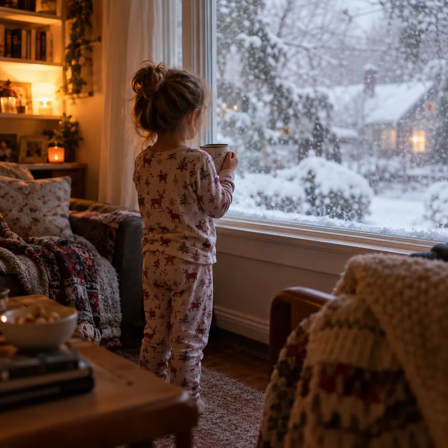 A young girl in reindeer pajamas, seen from behind, holds a mug at a window while heavy snow falls outside