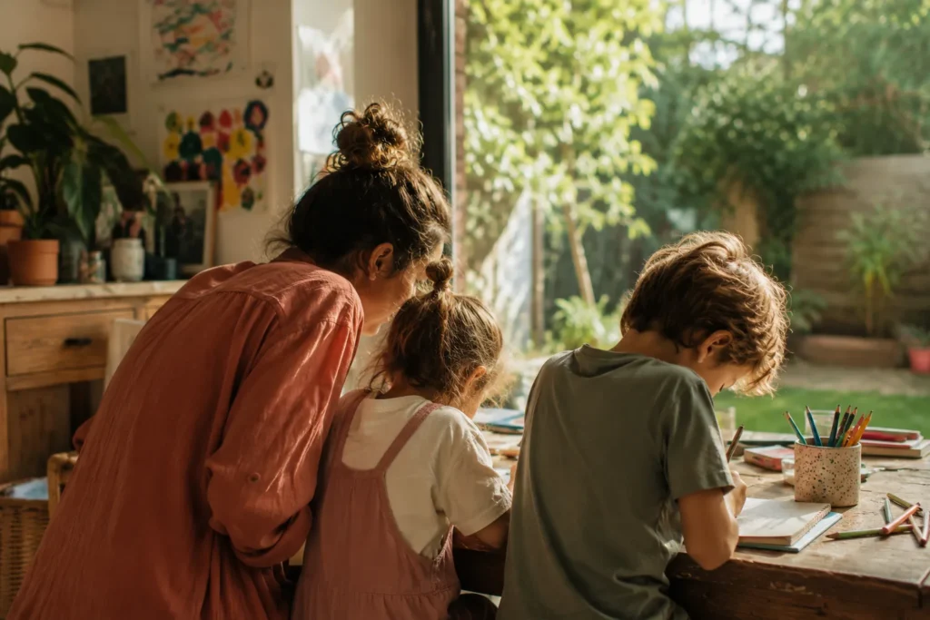 A mother and two children working on art at a desk by a window in golden afternoon light