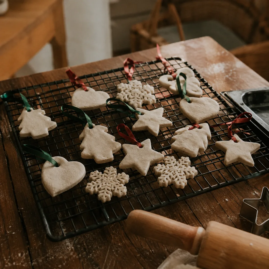 Salt dough ornaments laid out to dry on a baking tray