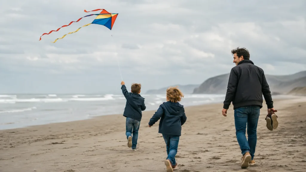 A dad and two young boys fly a colorful kite on a windy winter beach