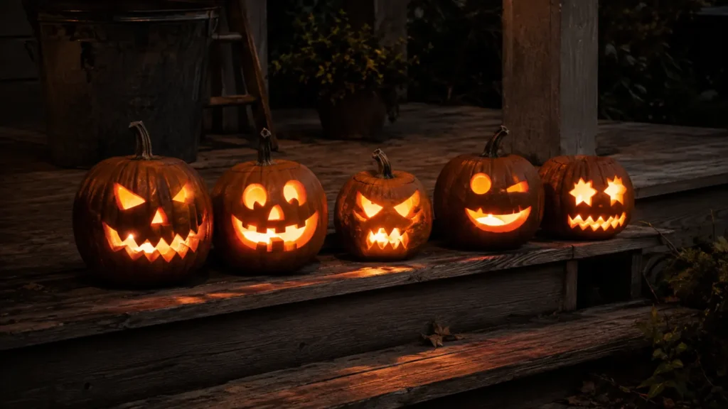 Five glowing carved jack-o'-lanterns lined up on wooden porch steps at night