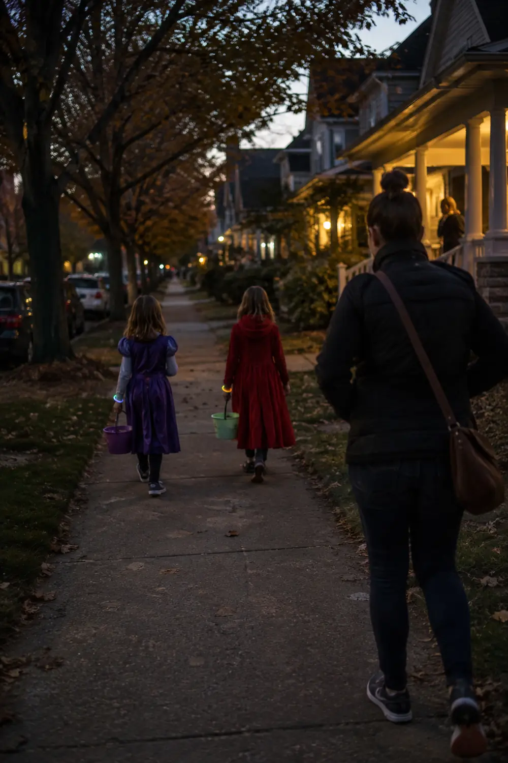 Two kids in costumes walking ahead on a leafy sidewalk at dusk while a parent follows at a distance