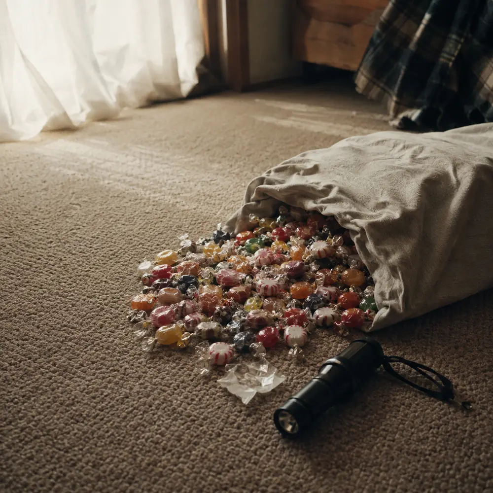 A pillowcase spilling wrapped candy onto a bedroom carpet next to a flashlight