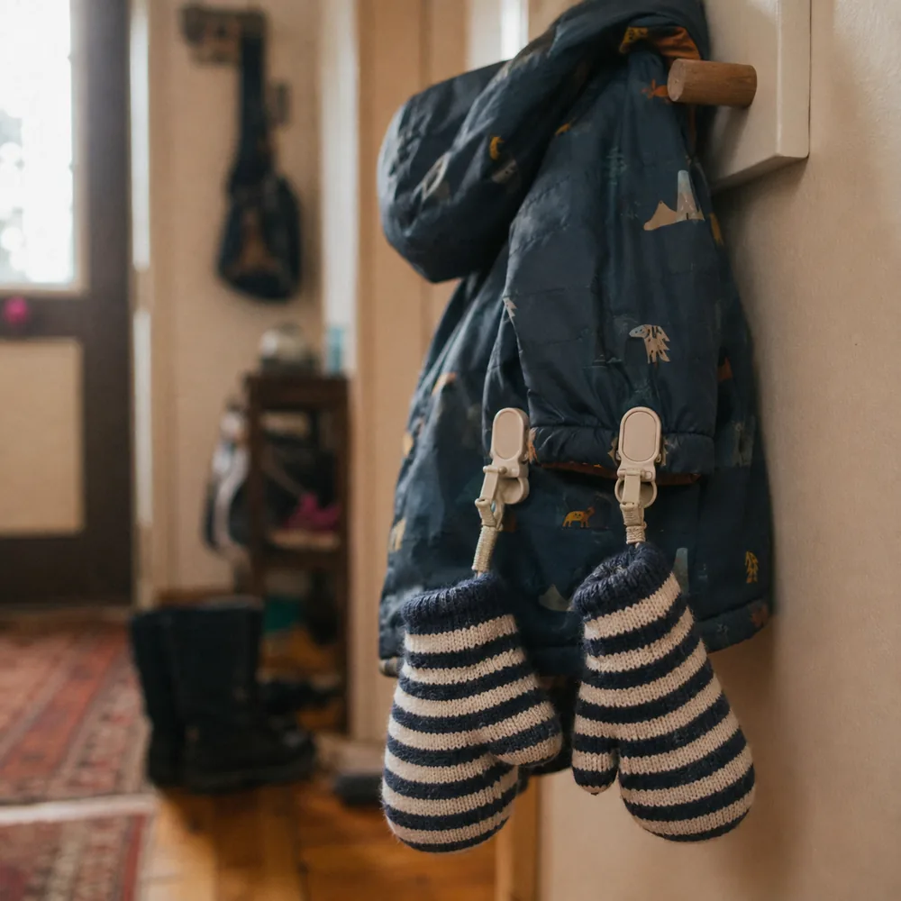 A close view of mitten clips fastened to the cuffs of a child's winter coat