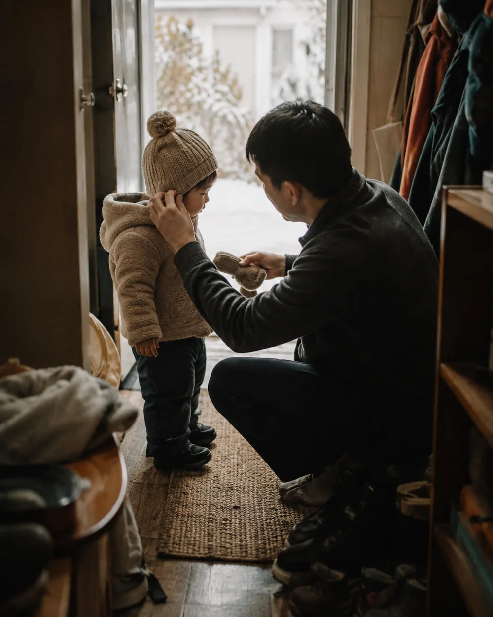 A child's mittens and knitted hat hanging beside a doorway in winter light