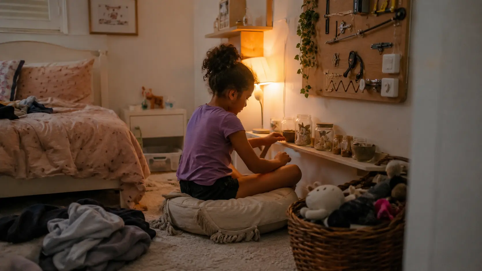 A girl sits on a floor cushion in a warm bedroom corner, playing on her own while the lamp is on