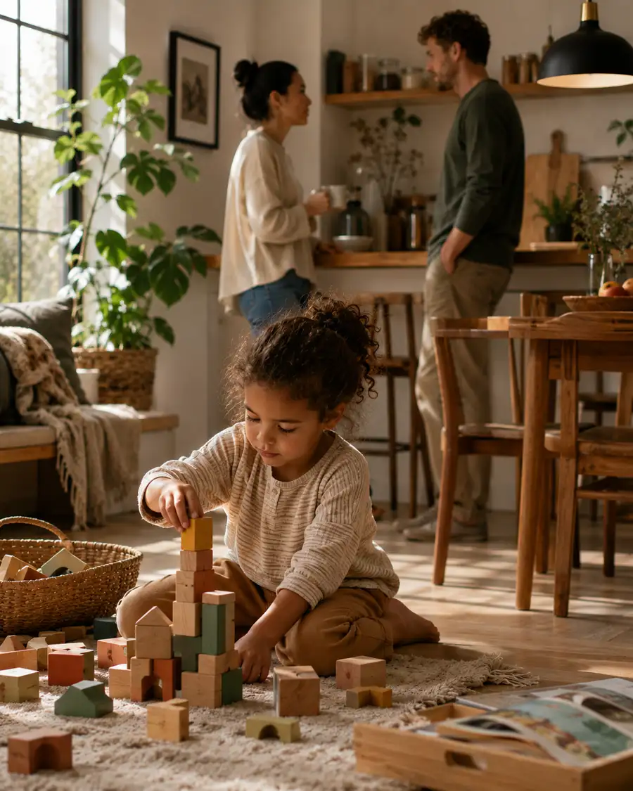 A girl builds with wooden blocks on the floor while her parents talk in the kitchen behind her