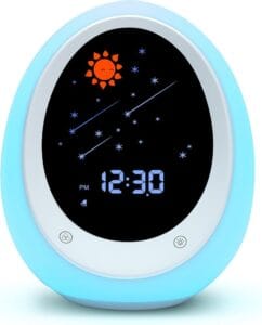 Kids Alarm Clock, Toddler Sleep Training Clock with Sun & Moon, Sound Machine, Night Light
