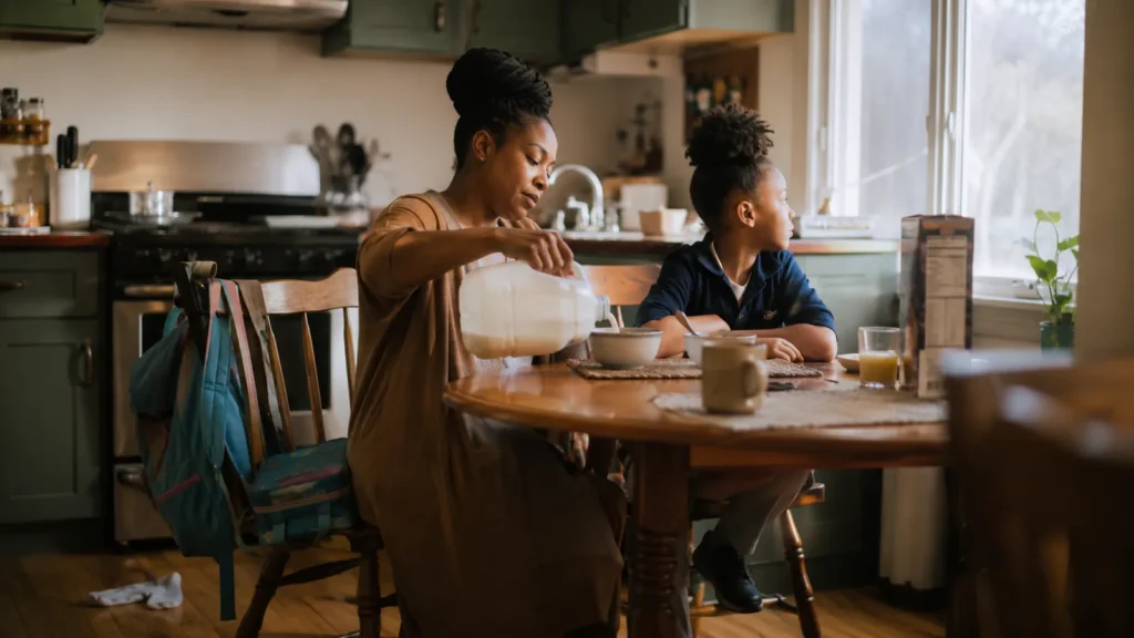 A mother and her son at a bright kitchen table with a bowl and a glass of milk between them