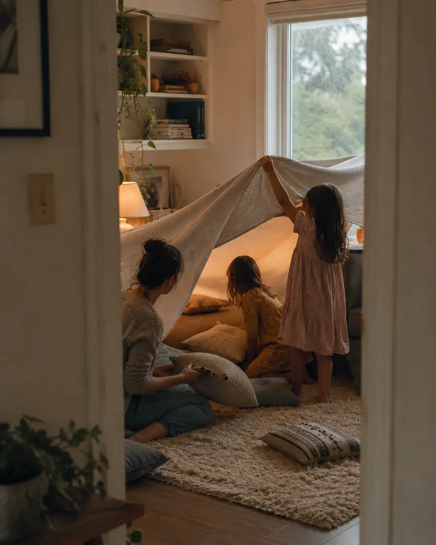 Three children sit together inside a blanket fort built across a living room sofa