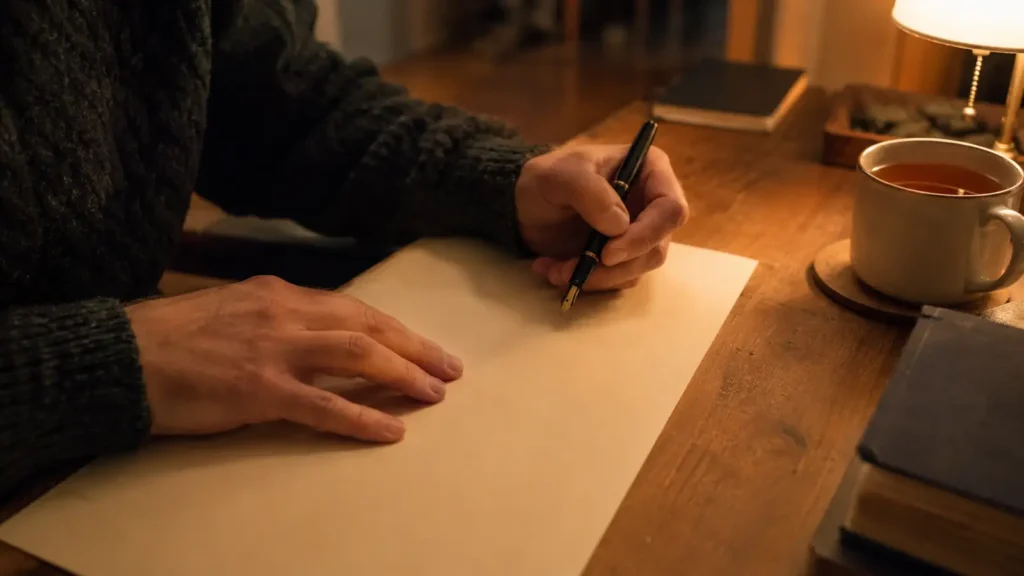 A fountain pen resting on a blank sheet of paper on a wooden desk