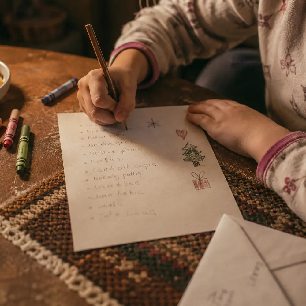 A child's hand writing a list at a table under a warm lamp
