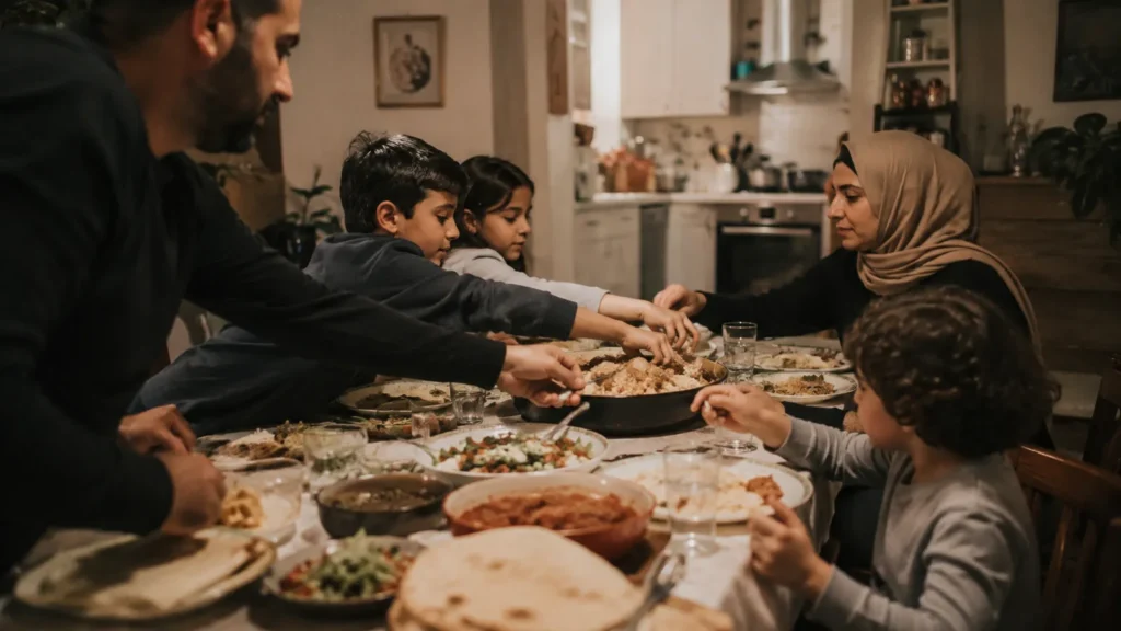 A family reaches across a crowded dinner table full of dishes