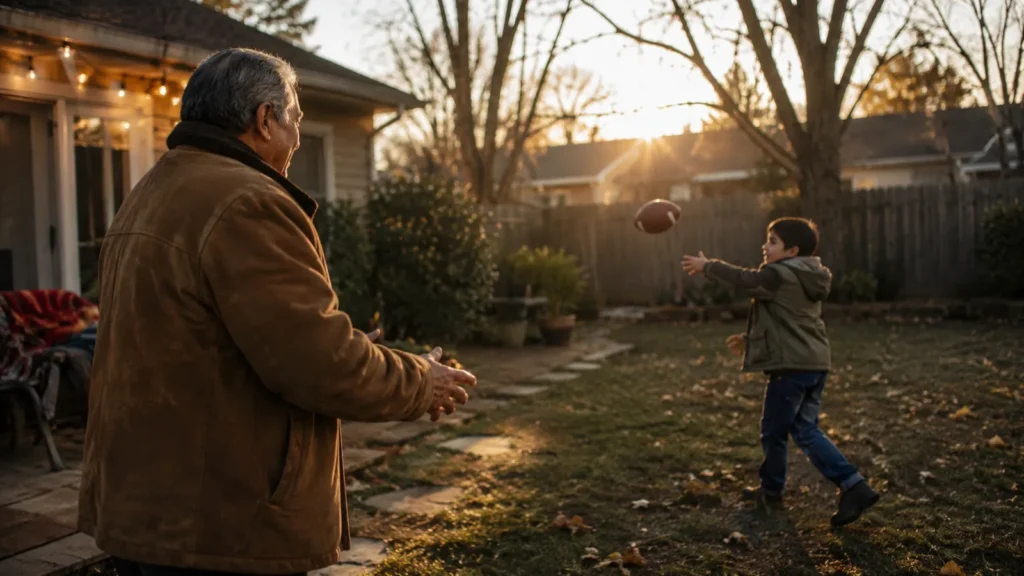 Children throwing a ball around a garden while the adults stay indoors