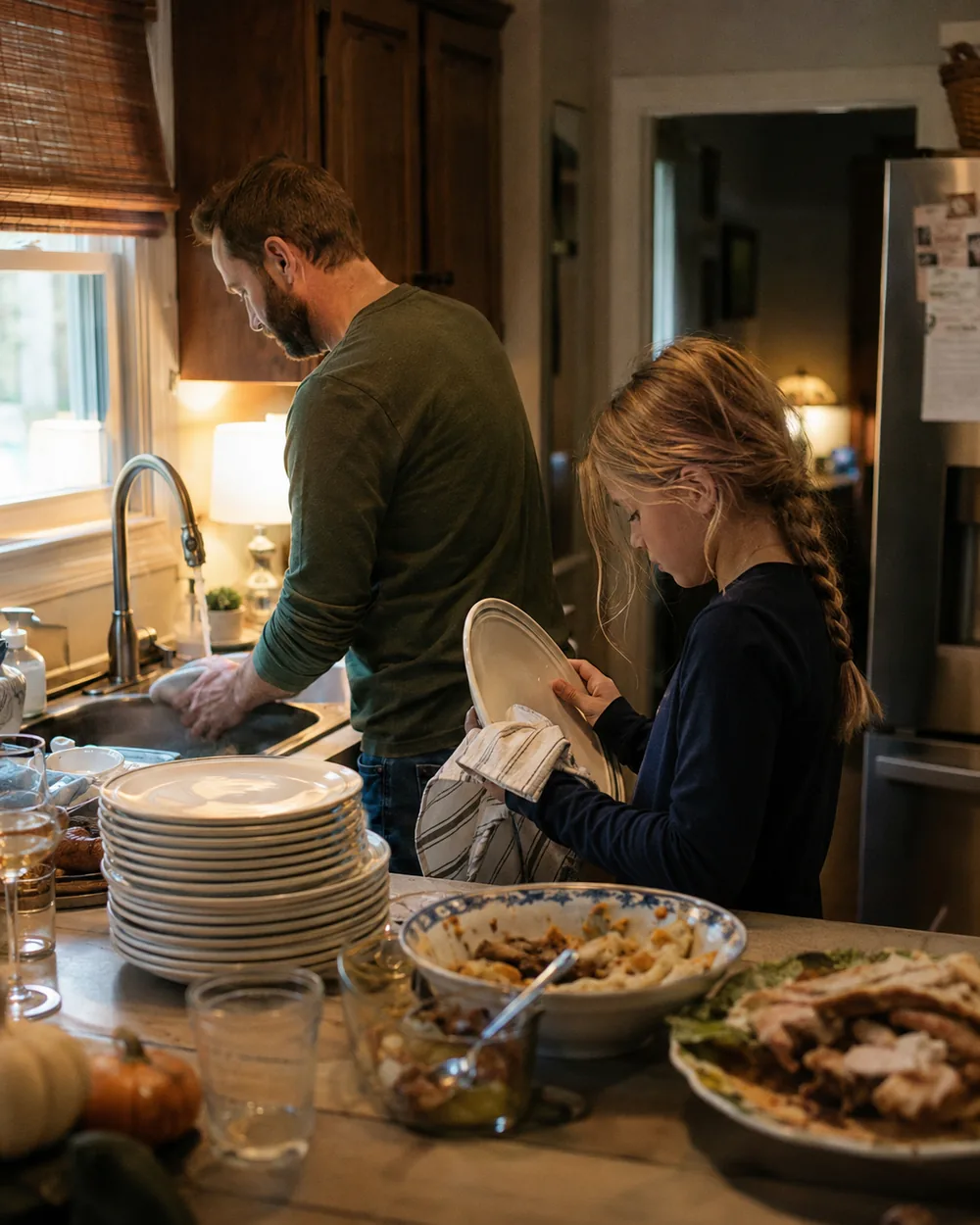 Two people washing up together at a kitchen sink after a big meal