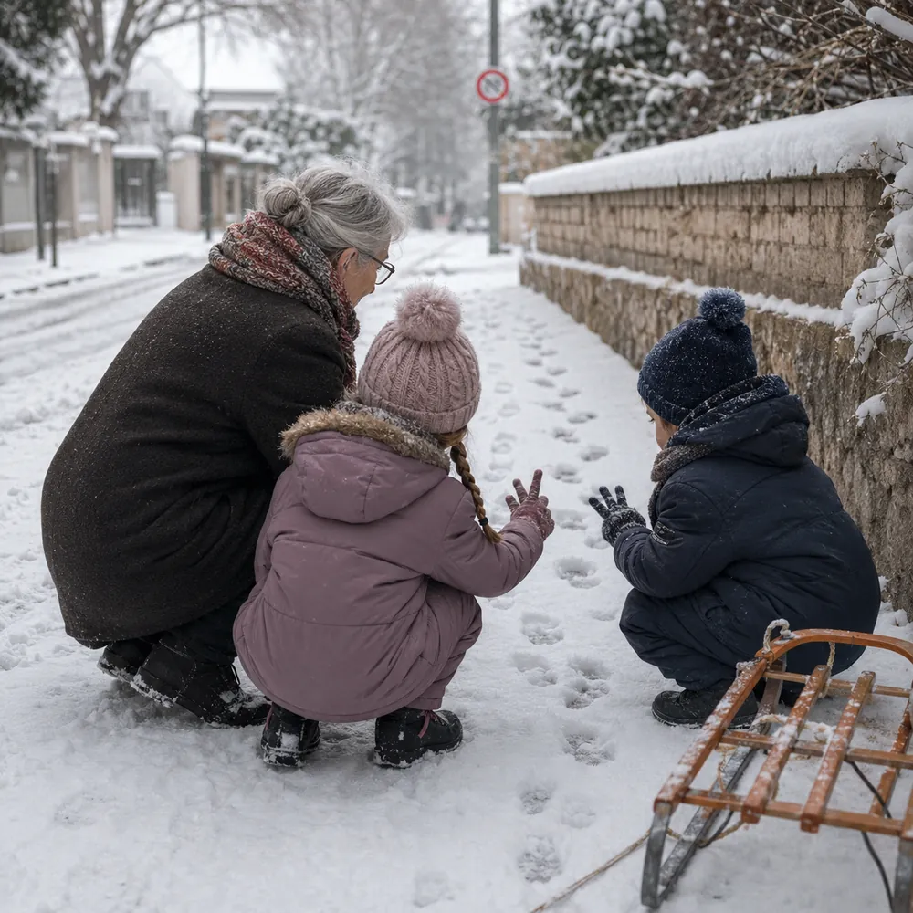 A grandmother crouches with two grandchildren following animal tracks in fresh snow
