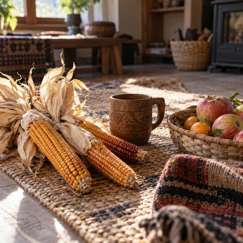 Three ears of dried corn, a carved wooden cup and a basket of apples and small oranges on a woven straw mat
