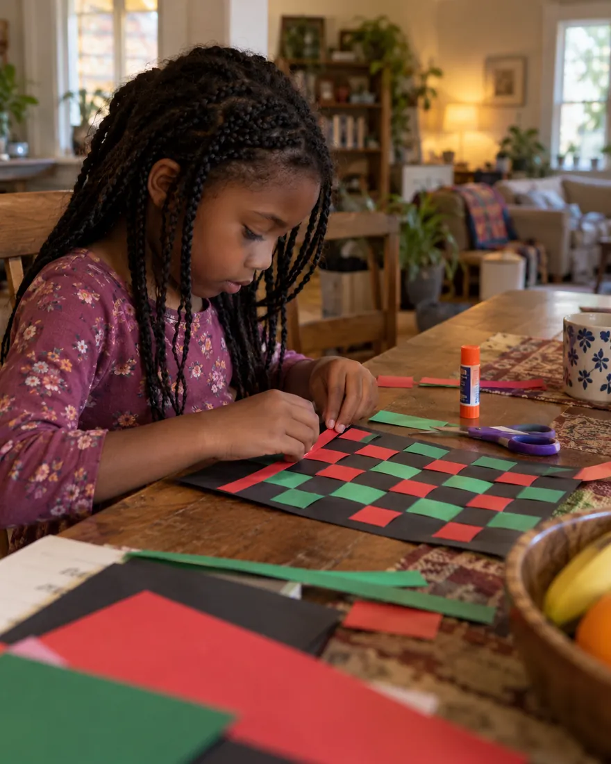 A girl of about eight weaves red, green and black paper strips into a mat at a wooden table