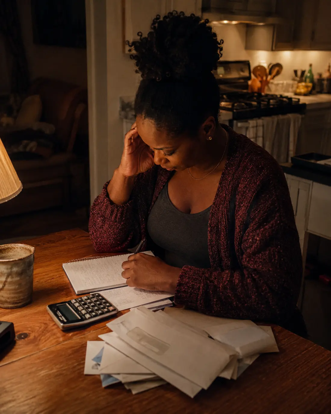 A mother writes in a notebook beside a calculator and a stack of envelopes at a kitchen table at night