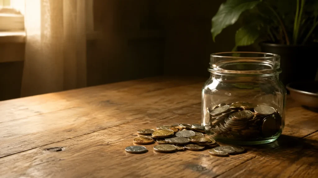 Loose coins spilled beside a glass savings jar on a wooden table in warm window light