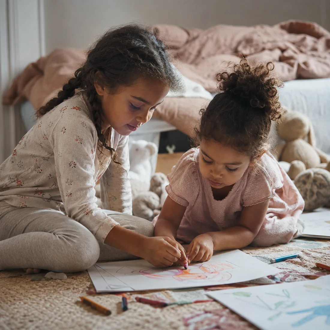 Two girls lying on a bedroom floor with crayons and paper spread out around them
