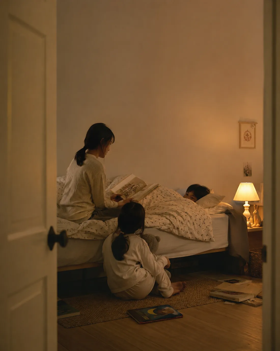 A mom and daughter sit on the bedroom floor with a book beside a warm lamp in the evening