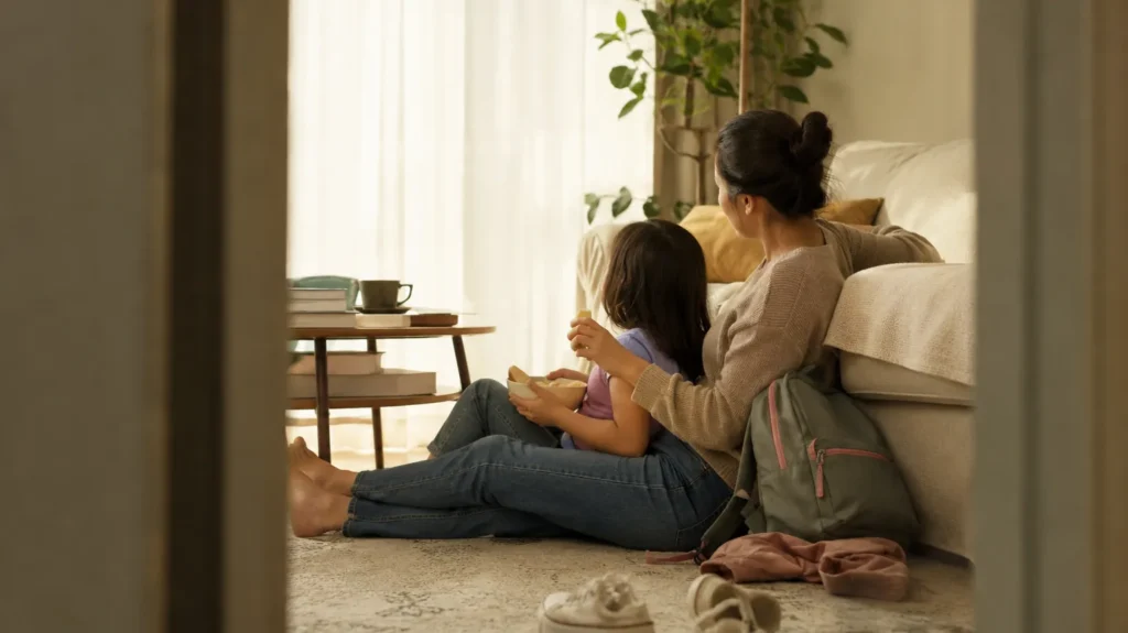 A mom and her daughter sit on the floor against the sofa, reading together in afternoon light