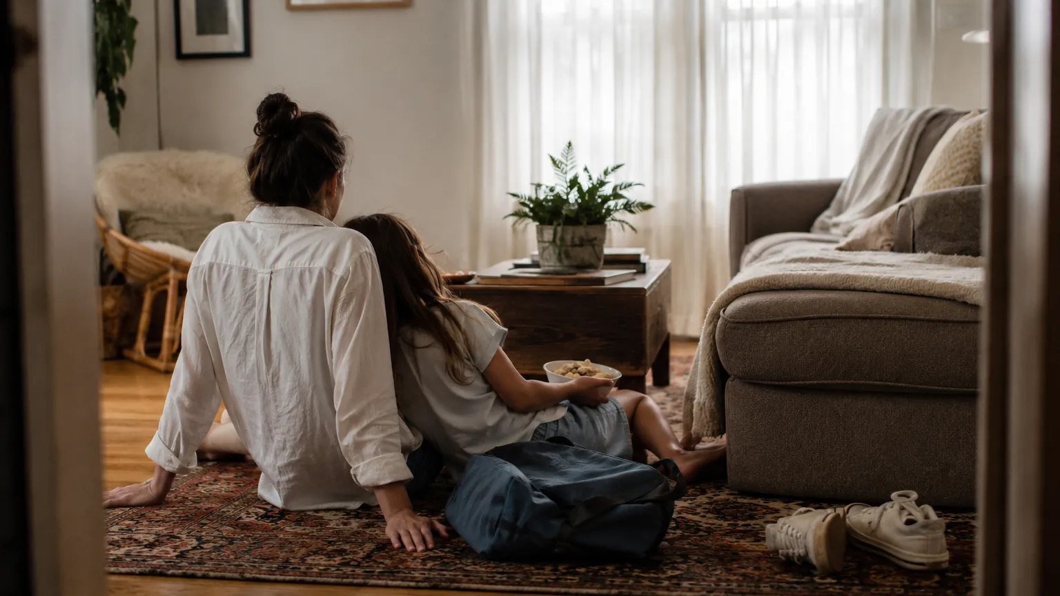 A mom and her daughter lean against the sofa on the living room floor, talking quietly