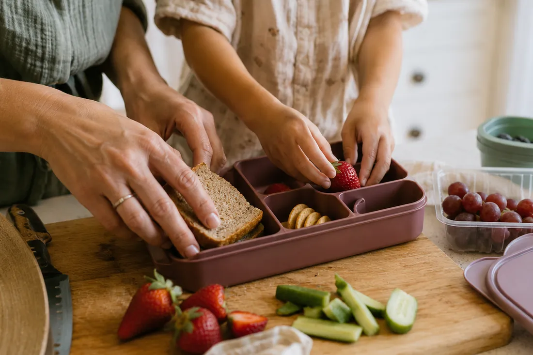 A parent and child cut strawberries and cucumber into a bento lunchbox on the counter