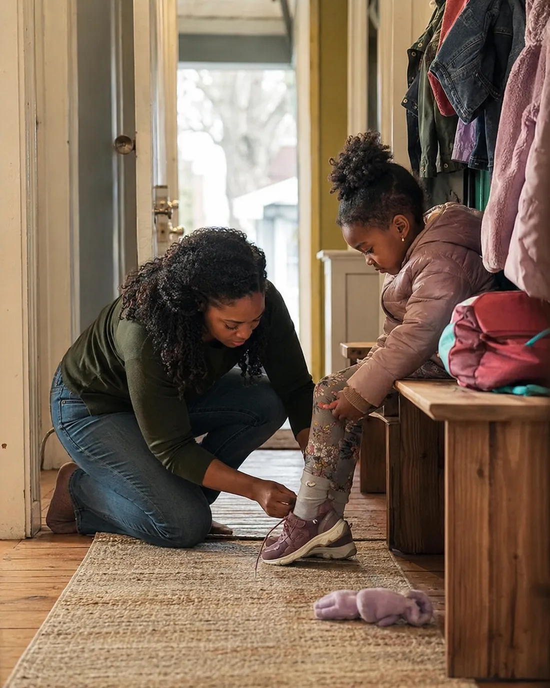 A mom kneels to help her daughter with her shoes, a pink puffer coat by the hooks