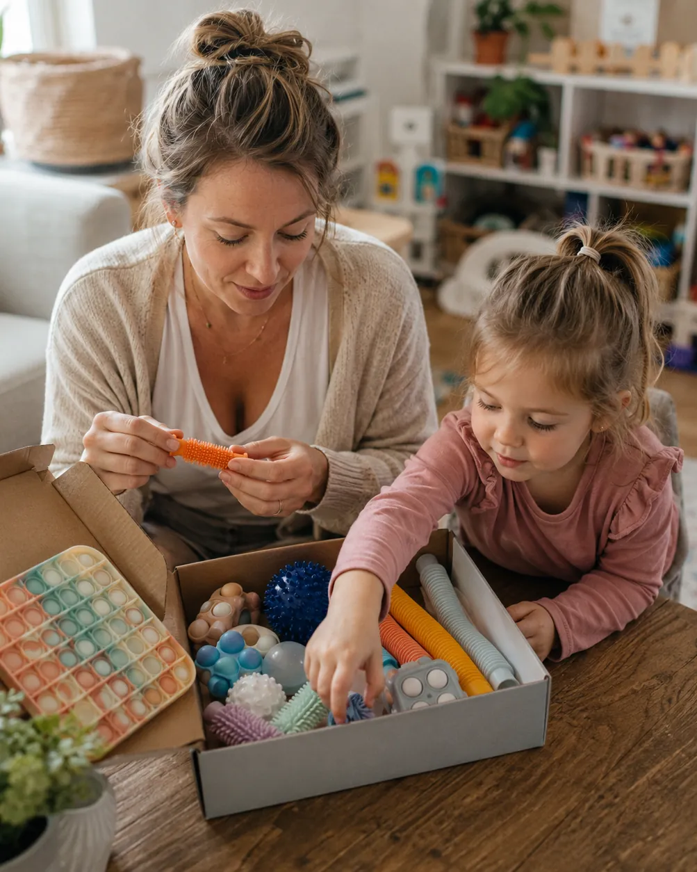 A mom and daughter open a box of small fidget toys: pop tubes, spiky balls and a pop-it