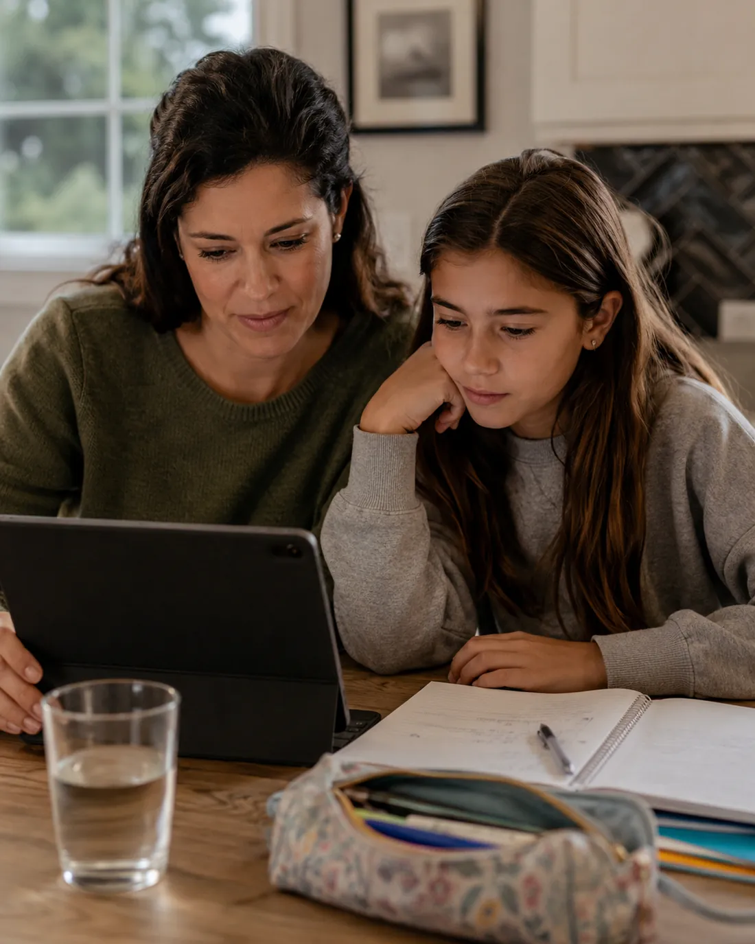 A mom and her daughter look at schoolwork on a tablet together at the kitchen table