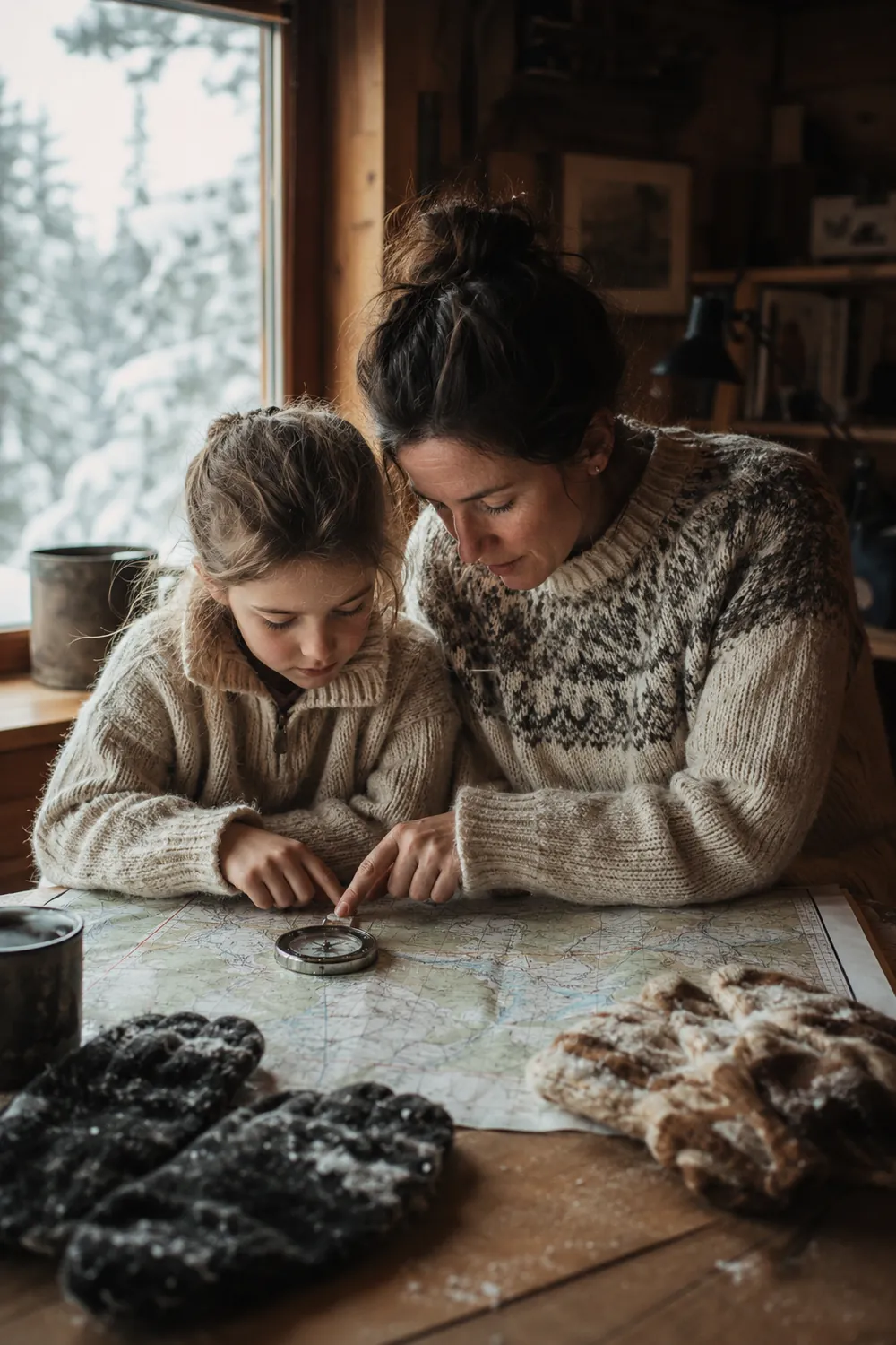 A mom and daughter study a compass and map at a table after playing in the snow