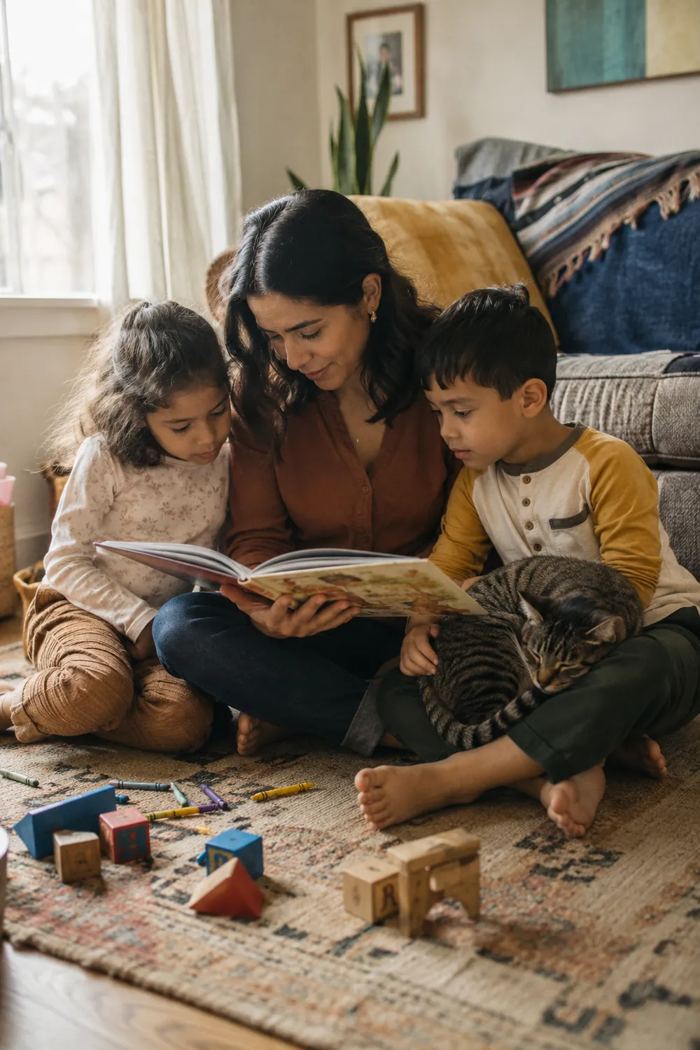 Mom reads a picture book with her daughter and son and their cat on the living room floor