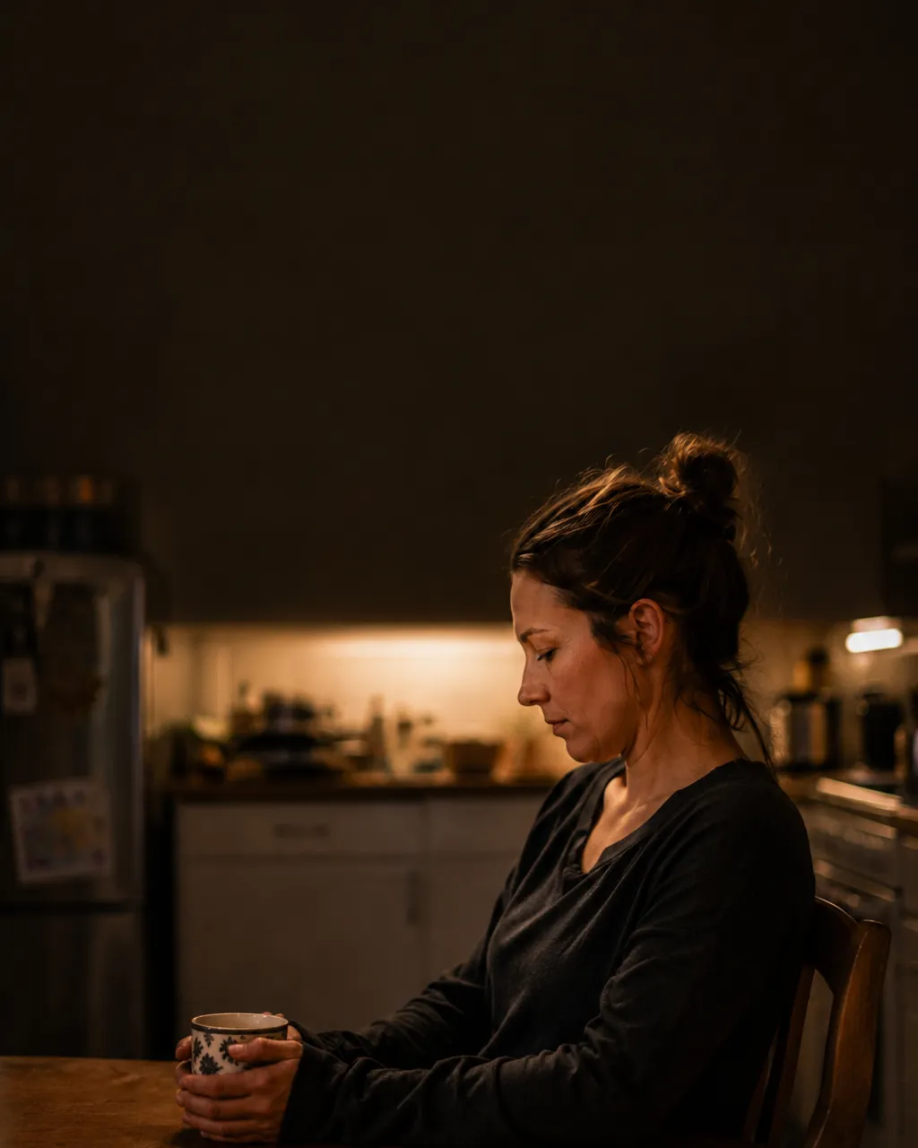 A mom sits alone at the kitchen table at night with a mug, lost in thought
