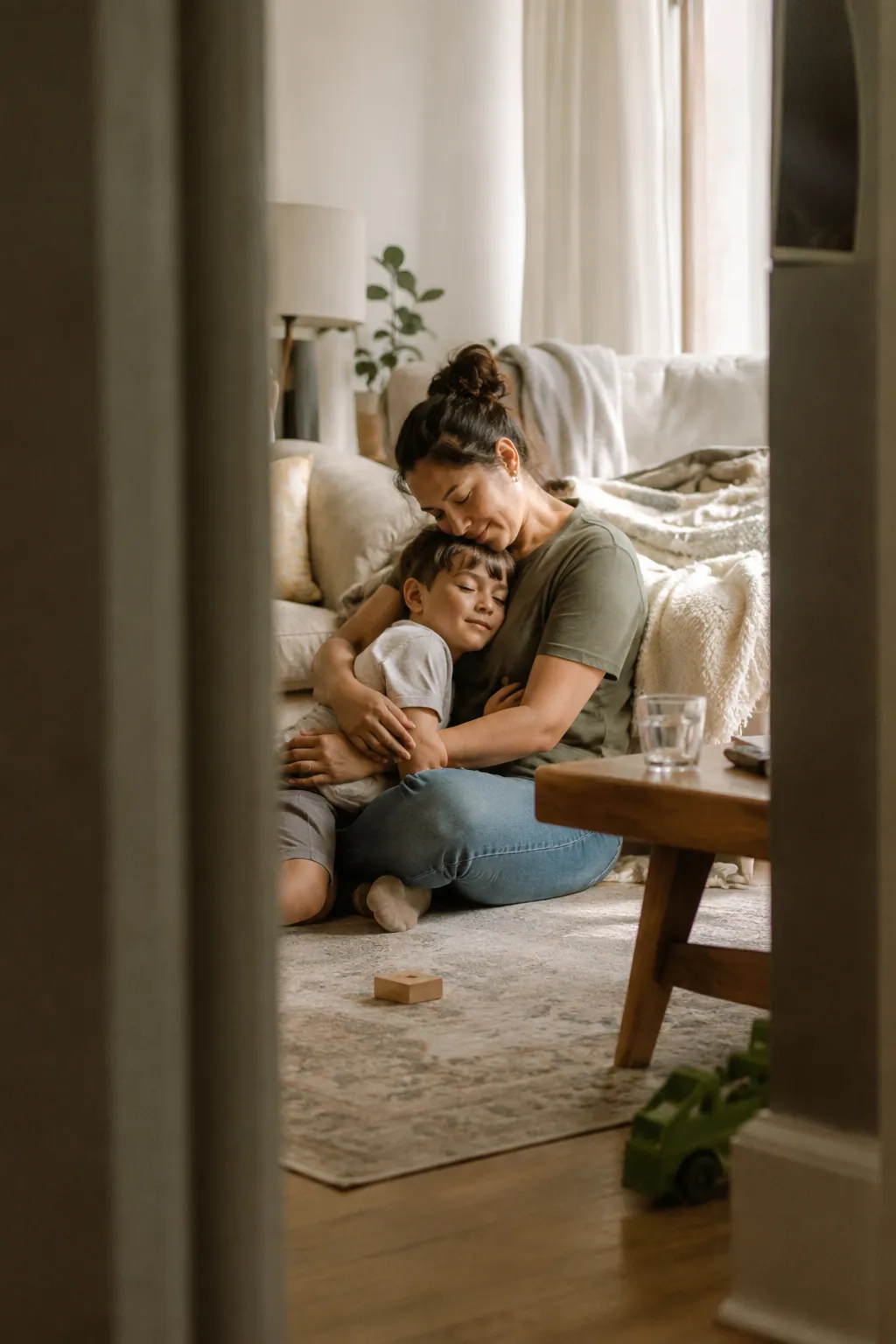 Seen from a doorway, a mom holds her son close on the floor beside the sofa