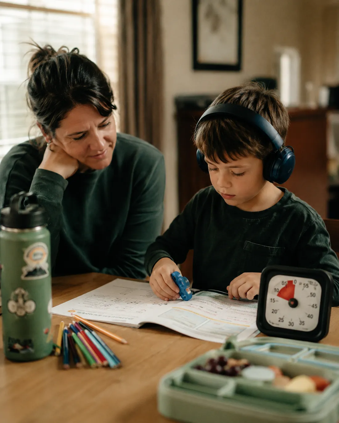 A boy in headphones works at the table beside a visual timer while his mom watches