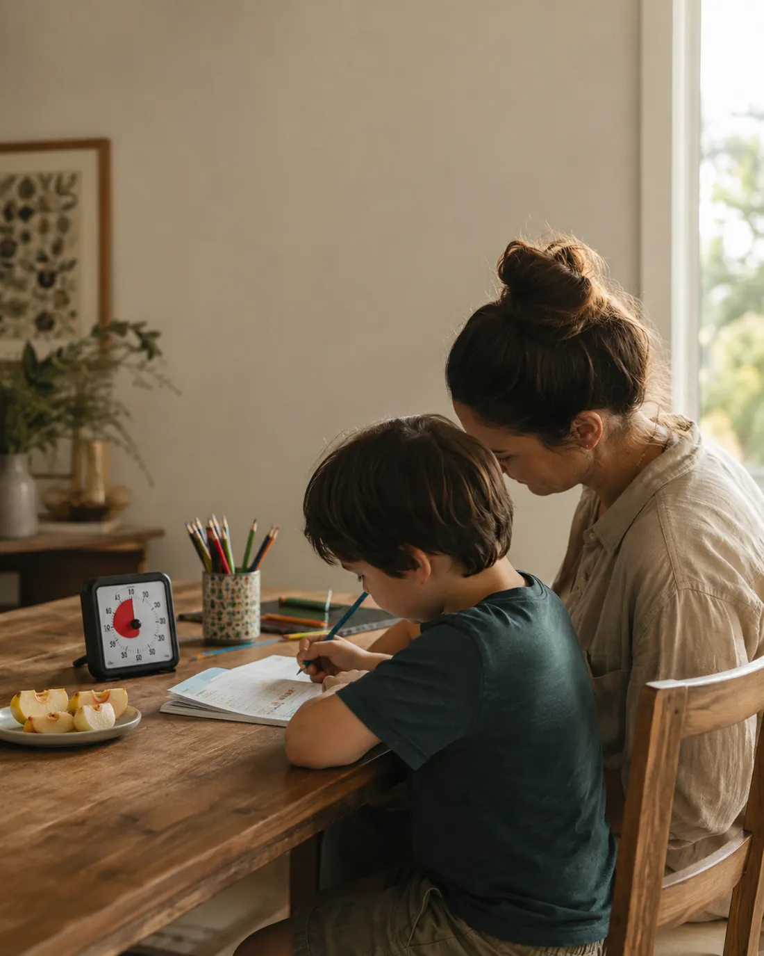 A boy writes at a desk beside his mom, a visual timer counting down next to his notebook