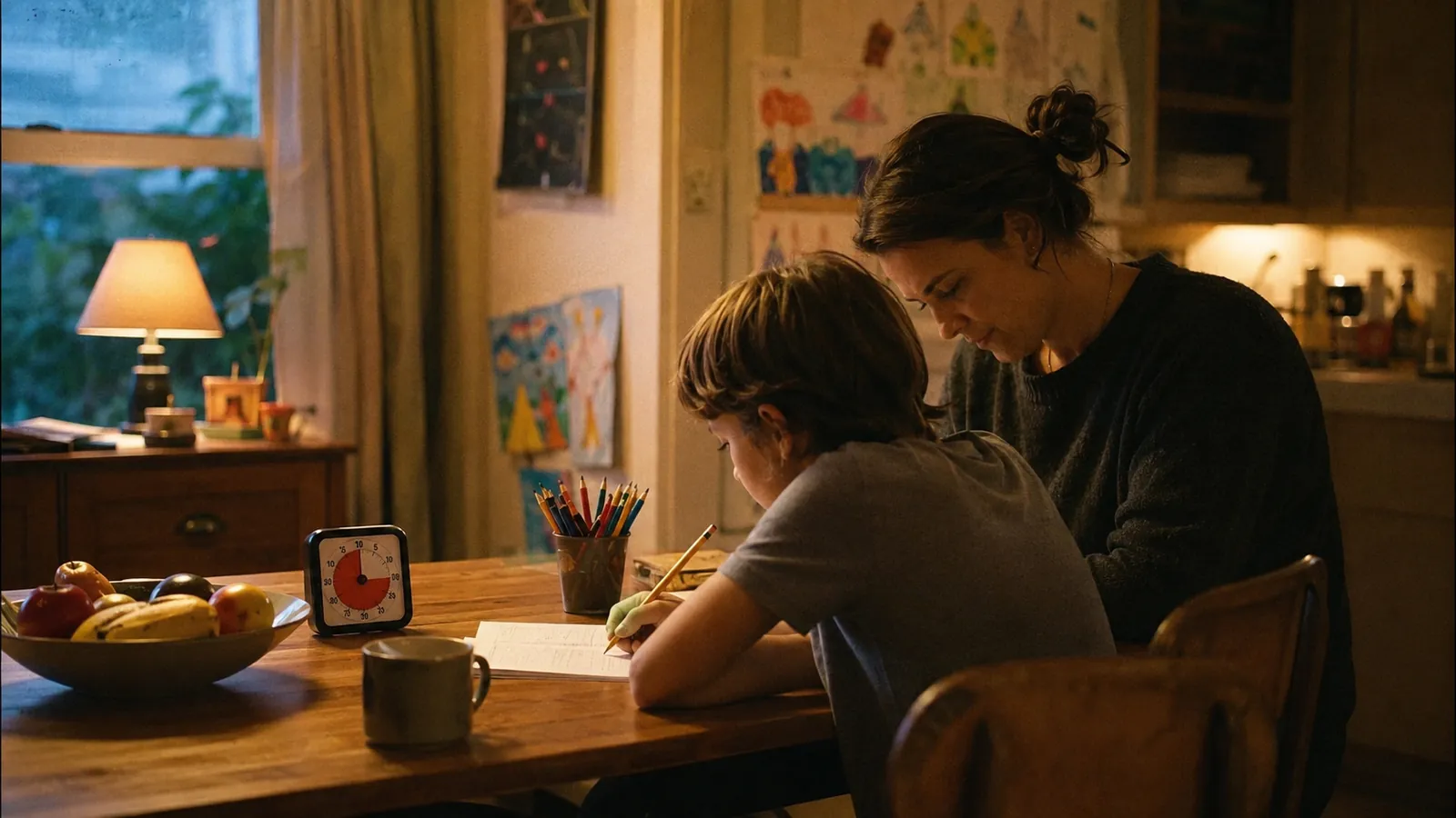 In the evening, a boy works at the kitchen table by lamplight while his mom sits close