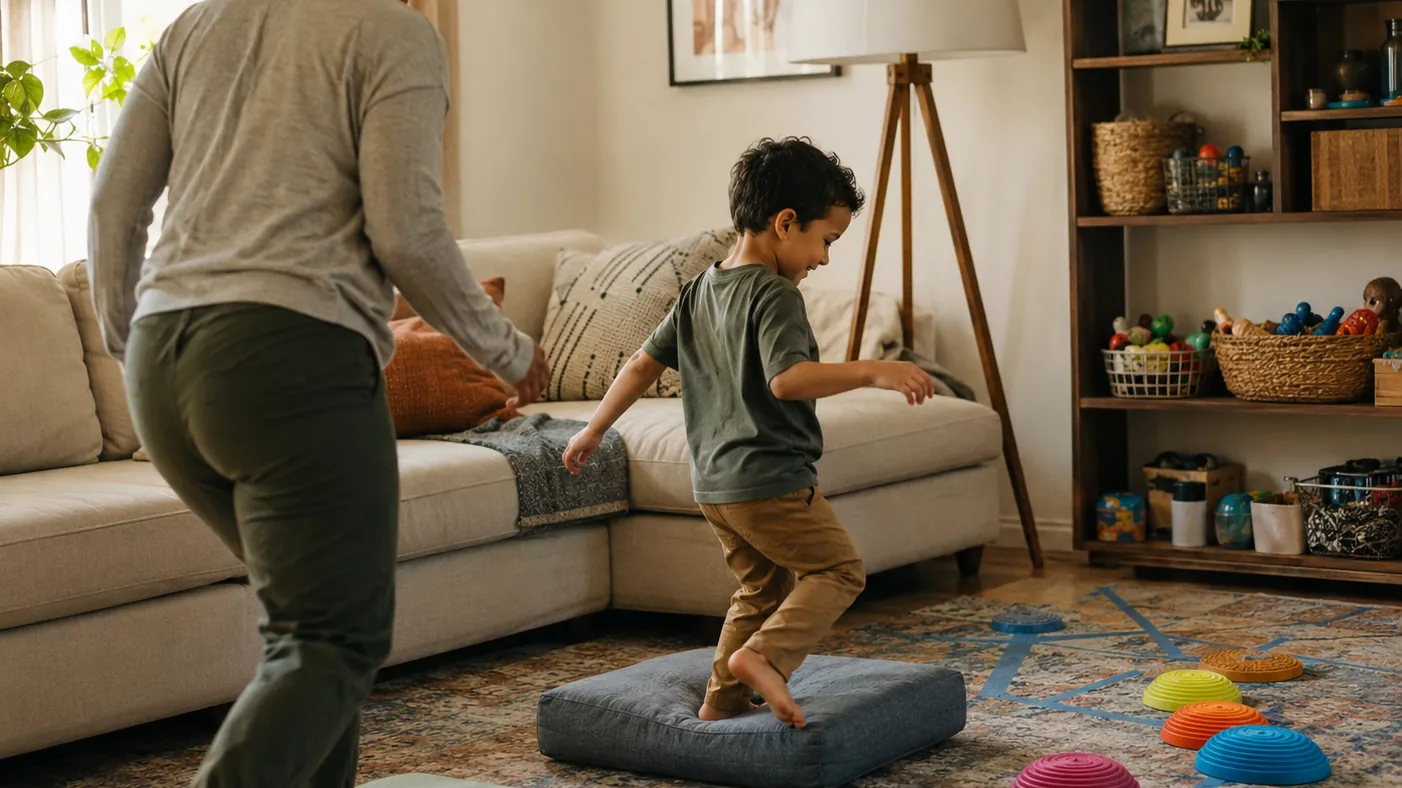 A boy hops across cushions and stepping stones laid out on the living room floor while his mom watches