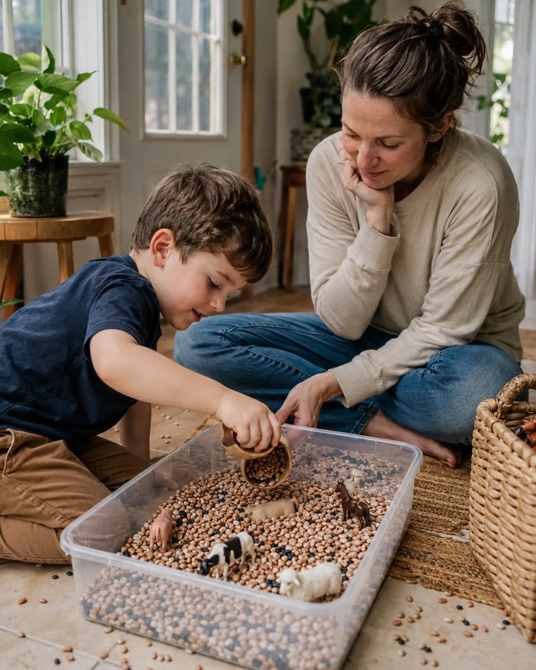A boy digs through a chickpea sensory bin with farm animals while his mom watches